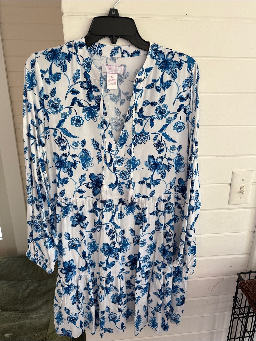 White Floral Tunic Dress with Blue Print